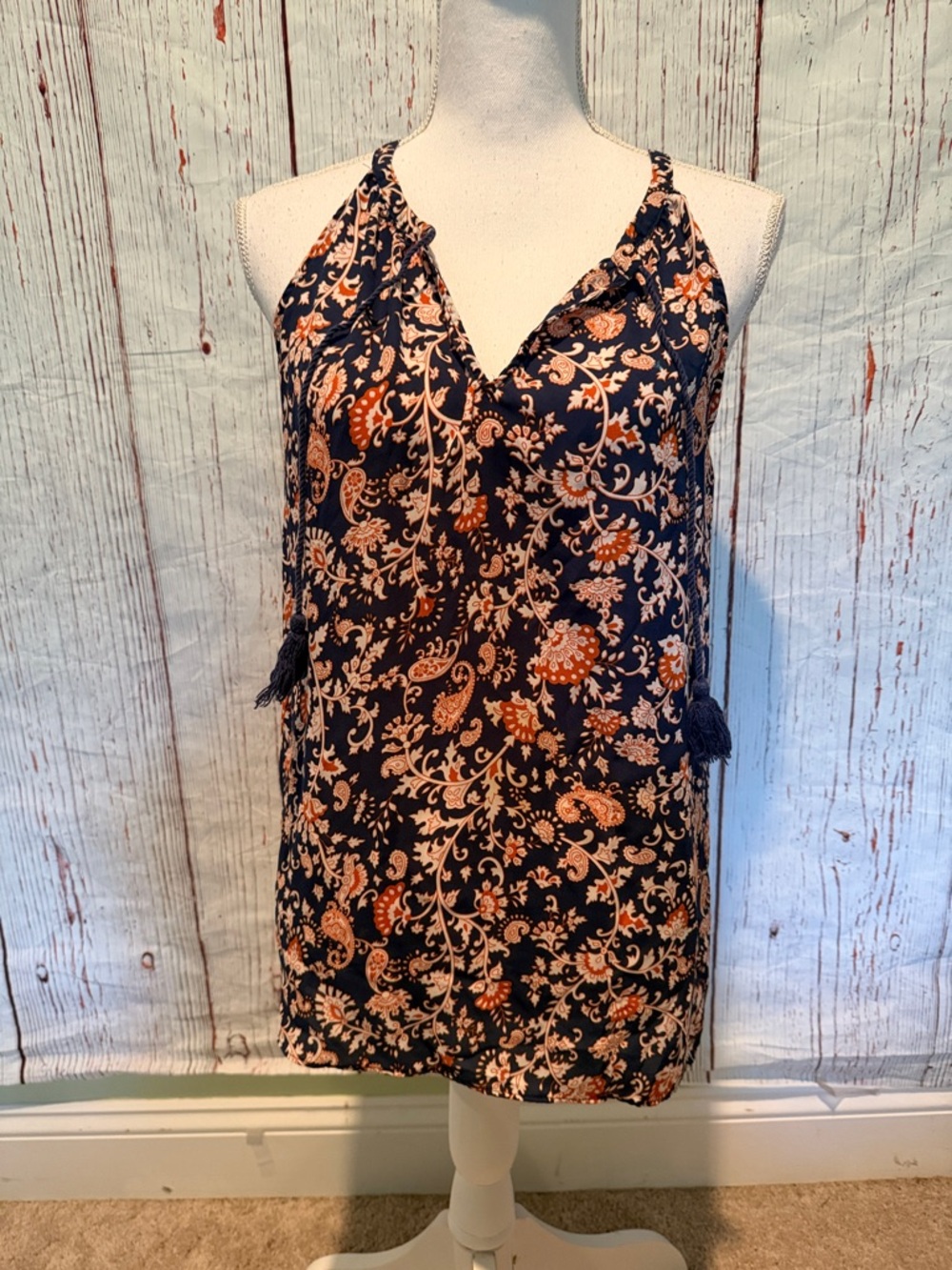 Lucy & Laurel Navy and Peach Paisley Tassel V-Neck Camisole